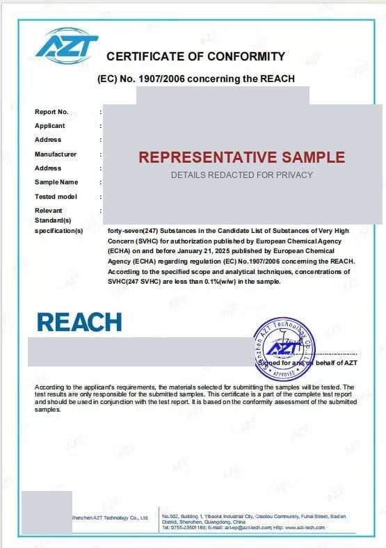 Representative sample REACH SVHC (below 0.1% w/w) conformity certificate format — supplier and product details redacted for privacy