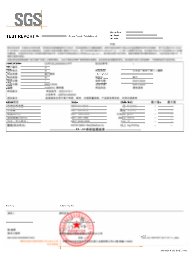 Representative sample SGS test report for a lubricant additive — identifying details redacted for privacy