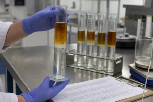 Laboratory technician holding an ASTM demulsibility test cylinder with lubricating oil separating from water, industrial oil analysis lab