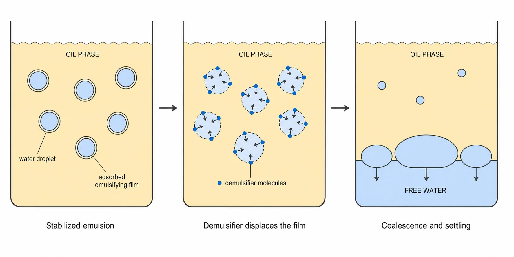Diagram showing how a demulsifier breaks an oil-water emulsion: water droplets stabilized by an emulsifying film, then displaced by demulsifier molecules, then coalescing into free water