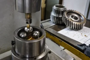 Four-ball wear tester holding steel balls in lubricating oil, with worn gear wheels in the background of a tribology testing lab