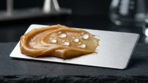 Macro view of tan-amber calcium sulfonate lubricating grease on brushed stainless steel coupon with spherical water droplets beading on top
