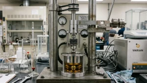 Real-world ASTM D4172 Four-Ball wear test spindle fixture and analytical laboratory instrumentation for zinc dialkyldithiophosphate boundary lubrication testing.